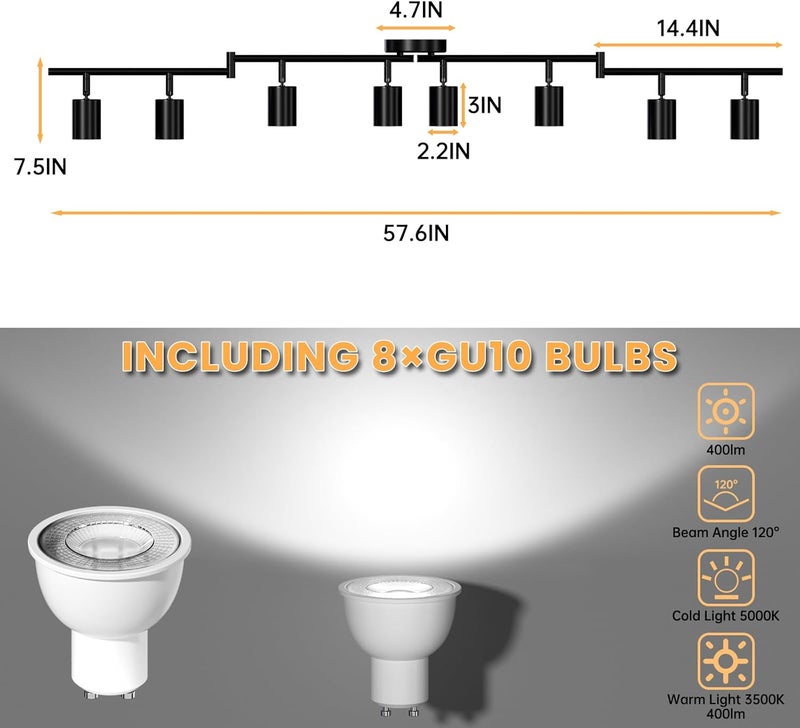Lavendex LED 8 Light Track Lighting Kit, Dimmable Ceiling Spot Lighting Includes 8 x GU10 Bulb, Modern Track Light Fixture with Rotatable Heads for Kitchen, Living Room, Bedroom - Image 3